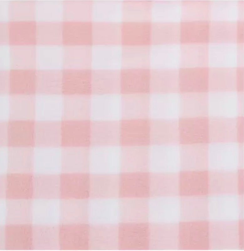 Pink and white checked fabric for a handmade 7T Designs Sherpa-lined dog jacket.
