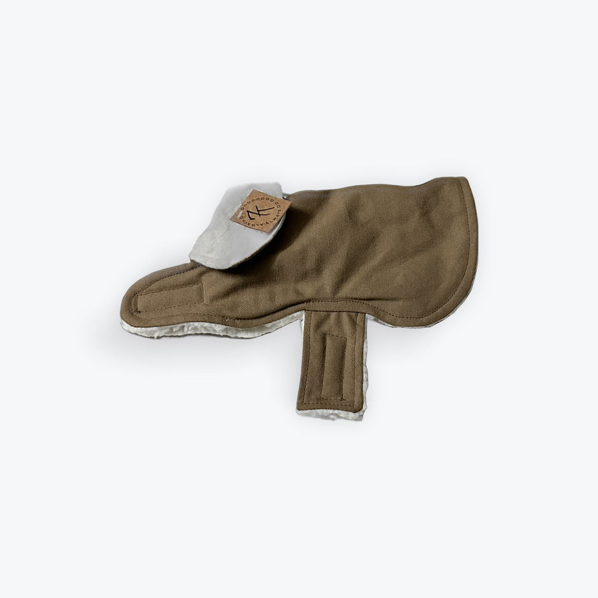 Handmade brown canvas dog jacket with soft Sherpa lining by 7T Designs.