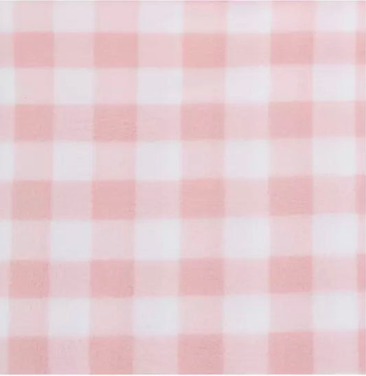 Pink and white checked fabric for a handmade 7T Designs Sherpa-lined dog jacket.